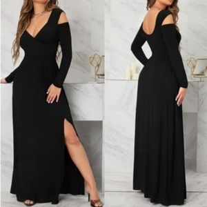 Luxe Black Cold Shoulder Flowy Party Evening maxi Dress